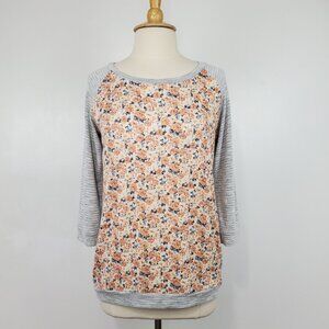 Wonderland by Orange Mixed Media Floral Front Ribbed Pullover Knit Top Size M